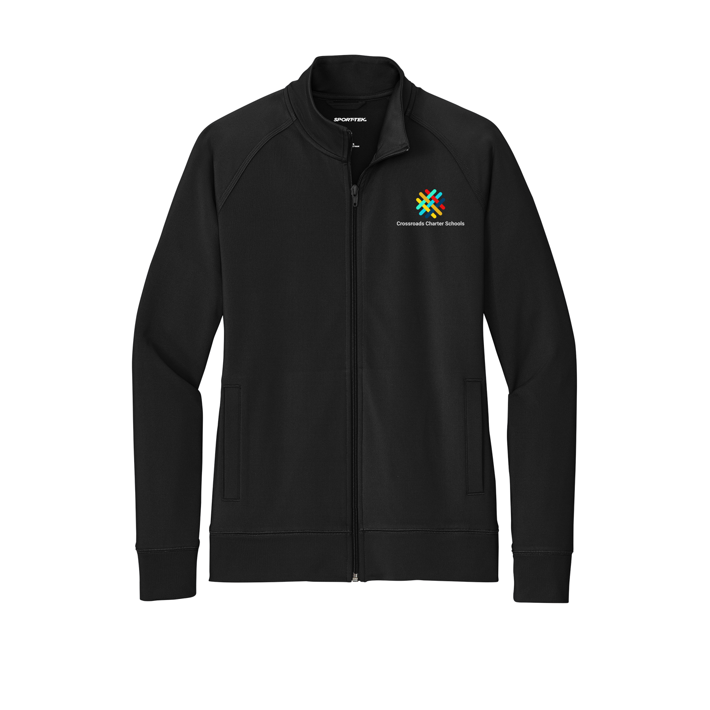crossroadsschoolskc-sport-tek-womens-cadet-jacket-embroidery-leftchest-LST857-black-flat-front