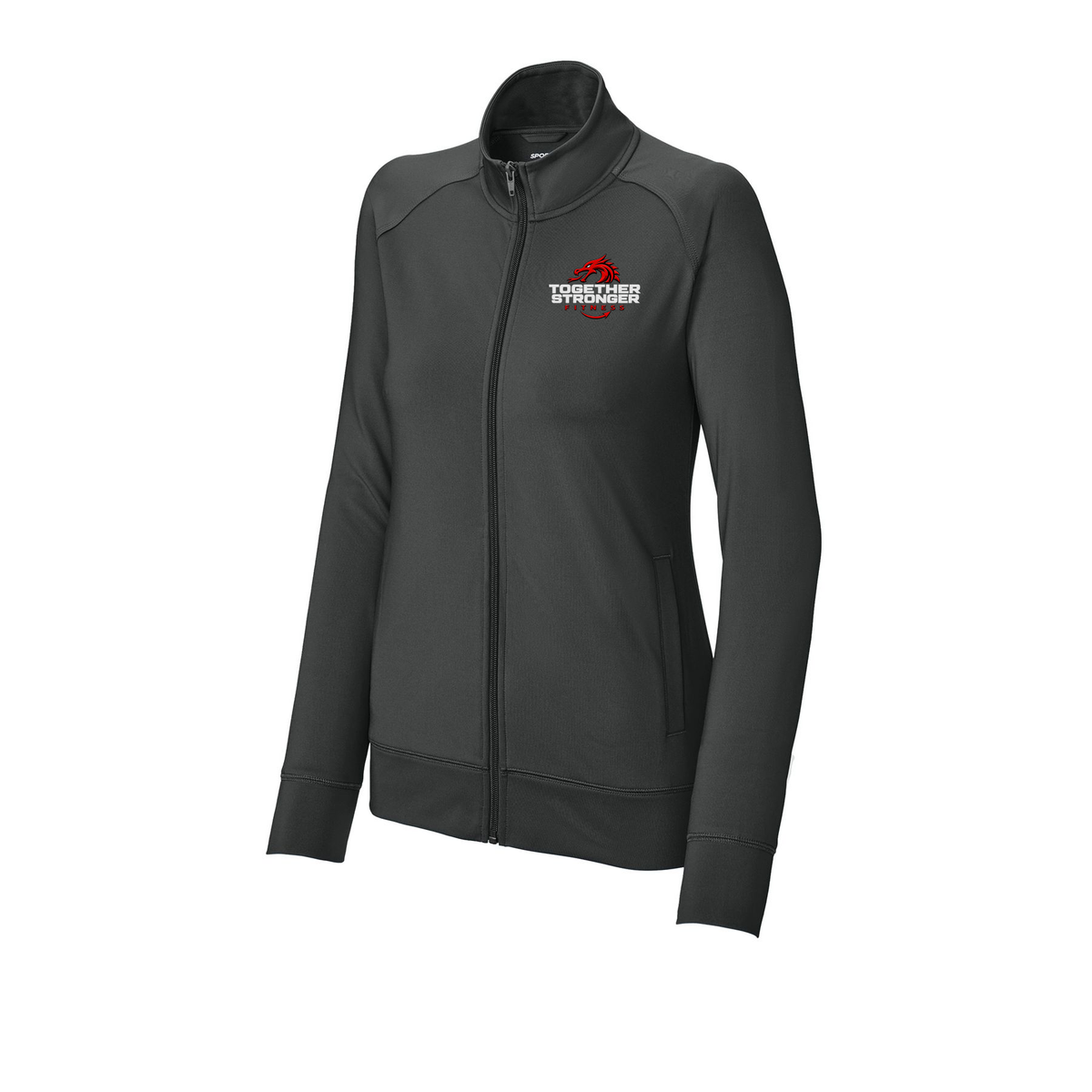 togetherstrongerfitness-sport-tek-womens-cadet-jacket-embroidery-leftchest-LST857-charcoalgrey-flat-front