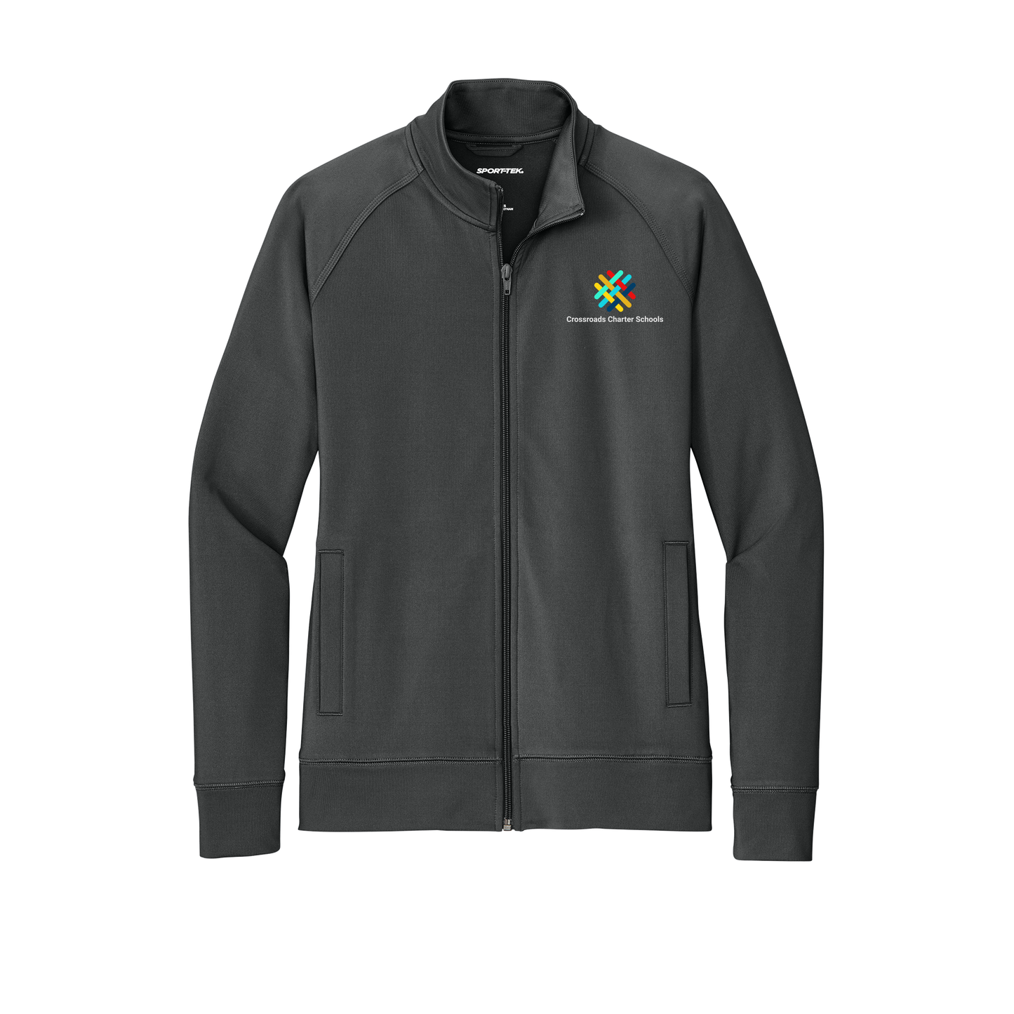 crossroadsschoolskc-sport-tek-womens-cadet-jacket-embroidery-leftchest-LST857-charcoalgrey-flat-front