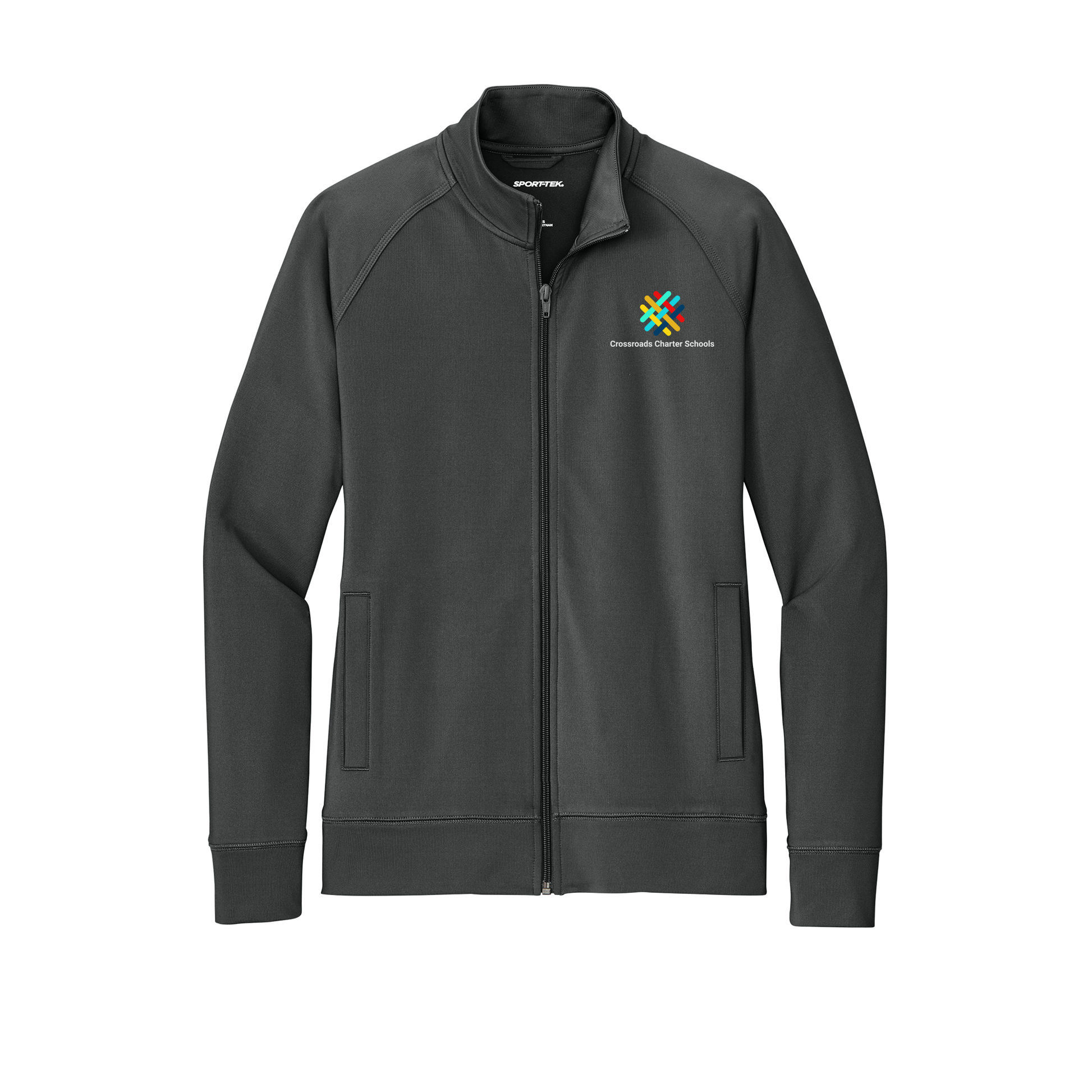 crossroadsschoolskc-sport-tek-womens-cadet-jacket-embroidery-leftchest-LST857-charcoalgrey-flat-front