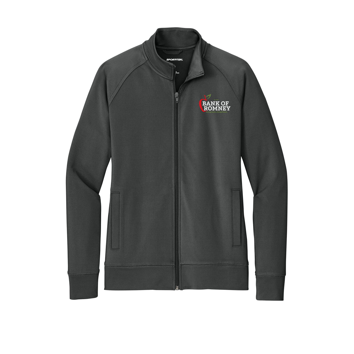 bankofromney-sport-tek-womens-cadet-jacket-embroidery-leftchest-LST857-charcoalgrey-flat-front