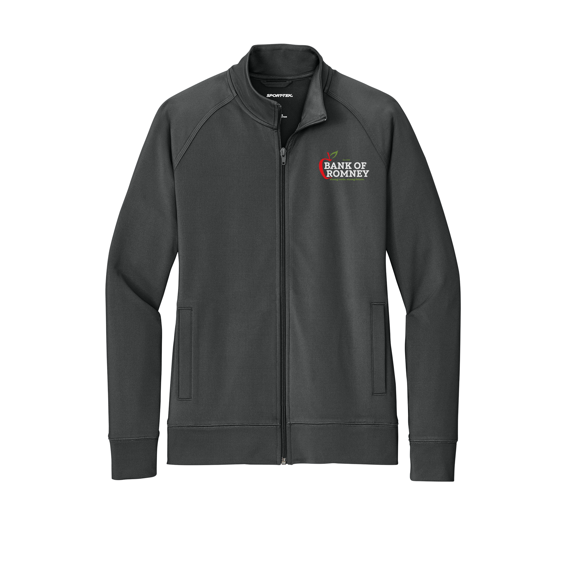 bankofromney-sport-tek-womens-cadet-jacket-embroidery-leftchest-LST857-charcoalgrey-flat-front