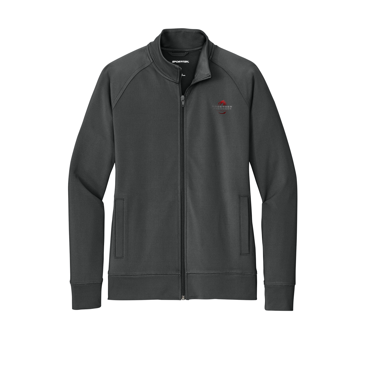 togetherstrongerfitness-sport-tek-womens-cadet-jacket-embroidery-leftchest-LST857-charcoalgrey-flat-front