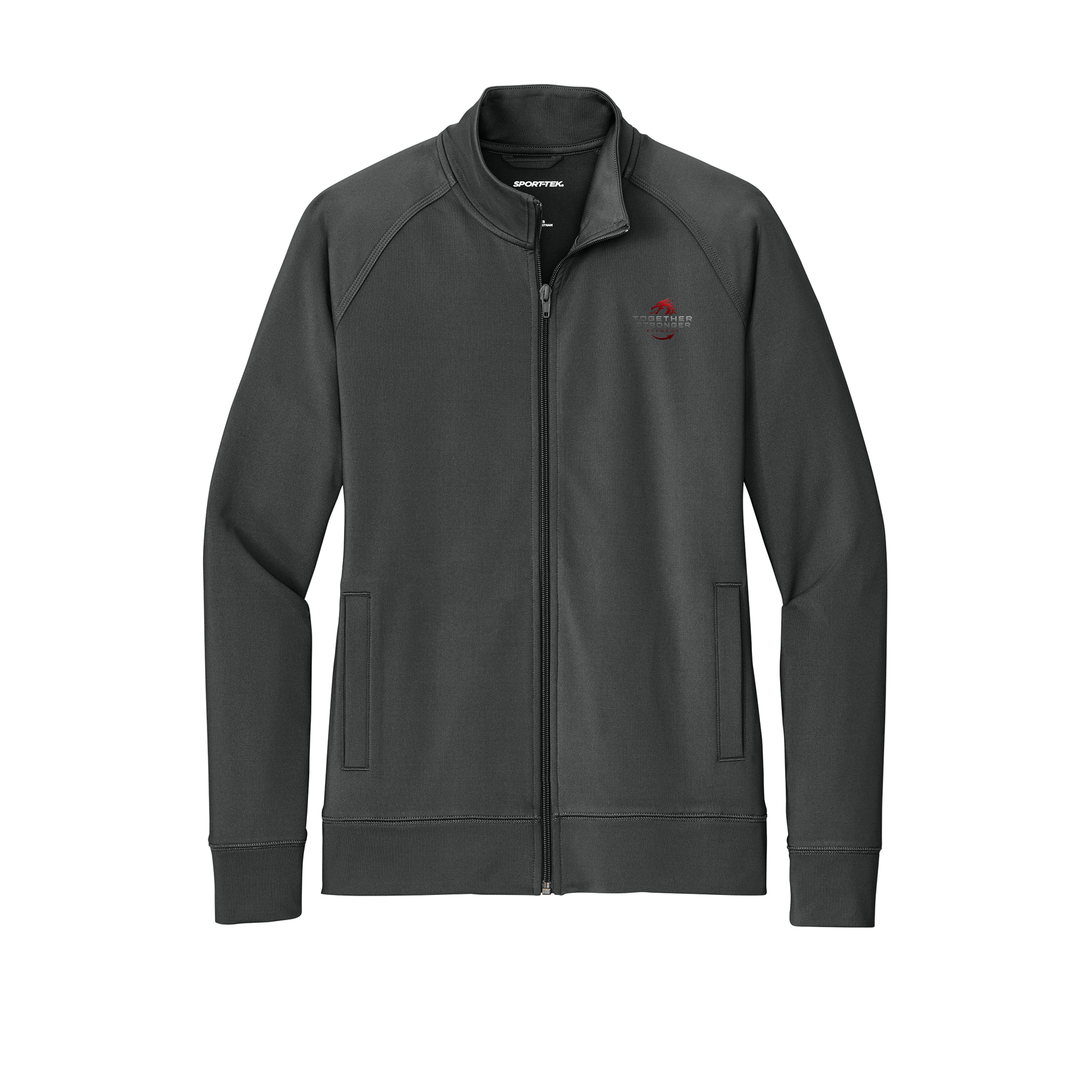 togetherstrongerfitness-sport-tek-womens-cadet-jacket-embroidery-leftchest-LST857-charcoalgrey-flat-front