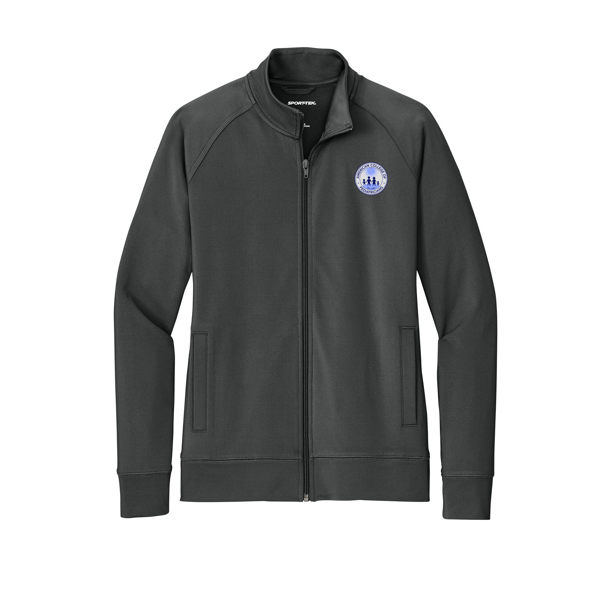 acpeds-sport-tek-womens-cadet-jacket-embroidery-leftchest-LST857-charcoalgrey-flat-front