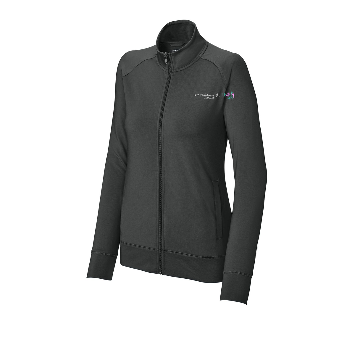 delcharco-sport-tek-womens-cadet-jacket-embroidery-leftchest-LST857-charcoalgrey-flat-front