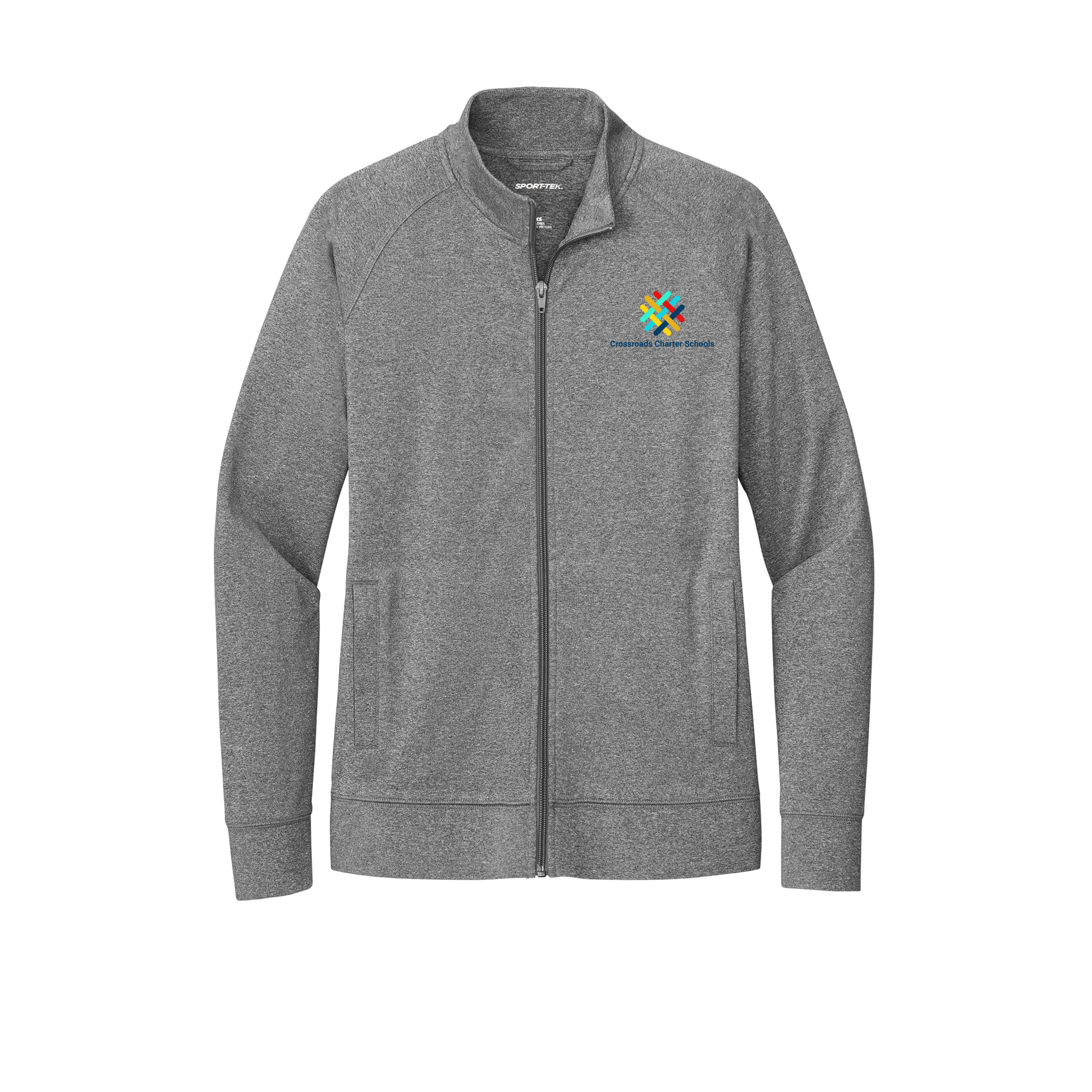 crossroadsschoolskc-sport-tek-womens-cadet-jacket-embroidery-leftchest-LST857-charcoalgreyheather-flat-front