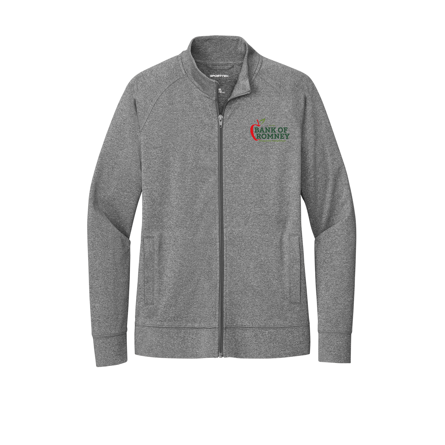 bankofromney-sport-tek-womens-cadet-jacket-embroidery-leftchest-LST857-charcoalgreyheather-flat-front