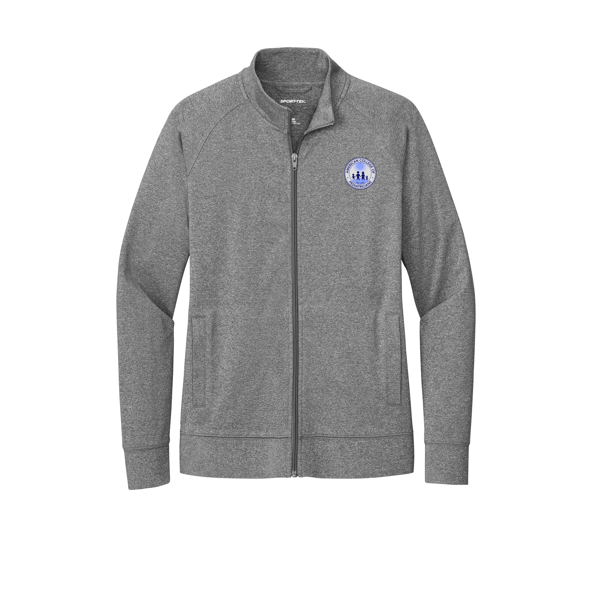 acpeds-sport-tek-womens-cadet-jacket-embroidery-leftchest-LST857-charcoalgreyheather-flat-front