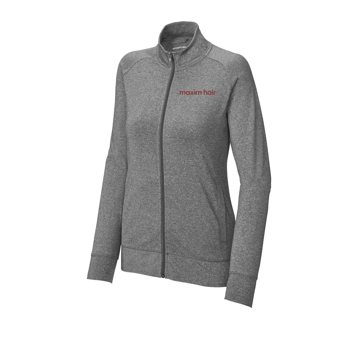 maximhairrestoration-sport-tek-womens-cadet-jacket-embroidery-leftchest-LST857-charcoalgreyheather-flat-front