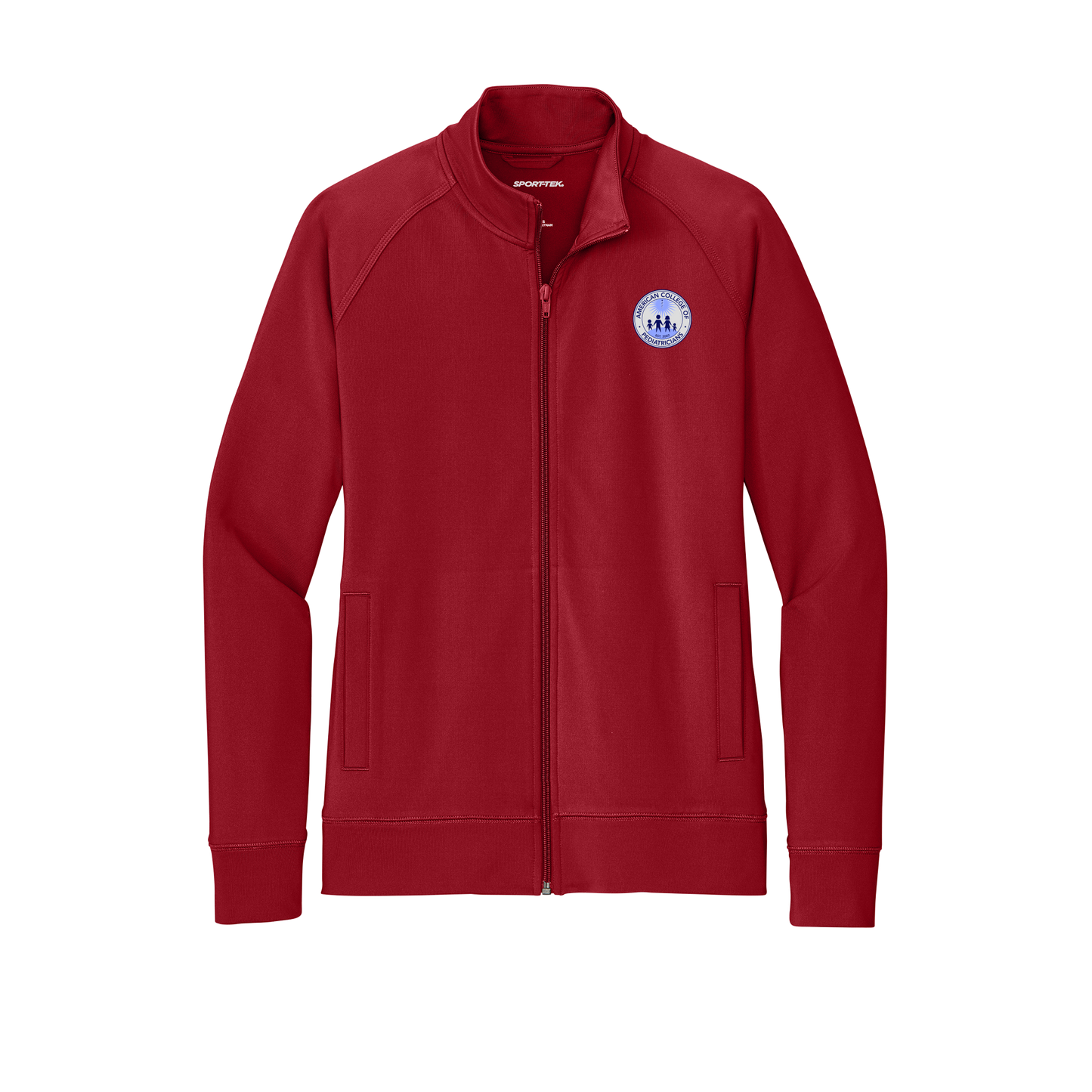 acpeds-sport-tek-womens-cadet-jacket-embroidery-leftchest-LST857-deepred-flat-front
