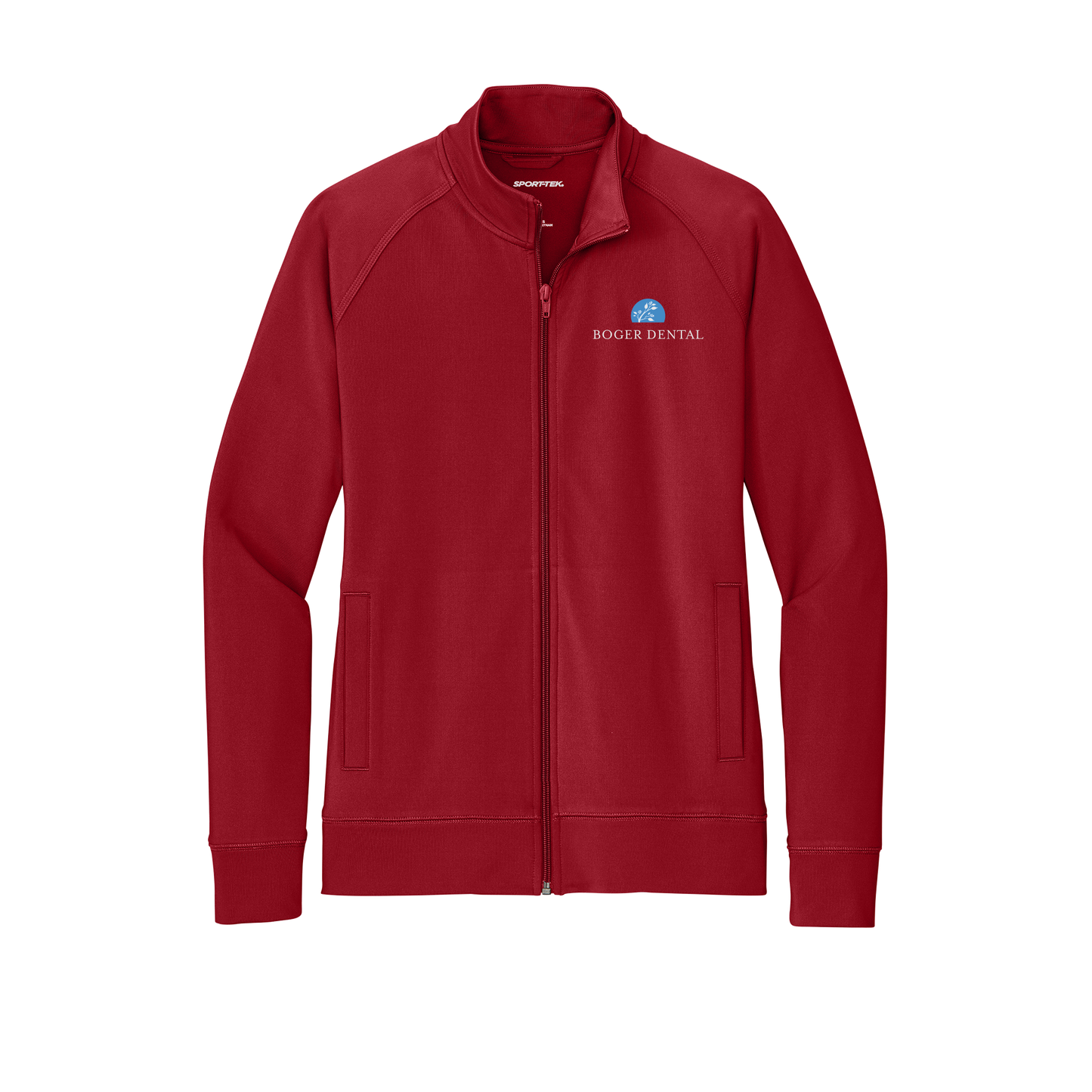 boger-dental-sport-tek-womens-cadet-jacket-embroidery-leftchest-LST857-deepred-flat-front