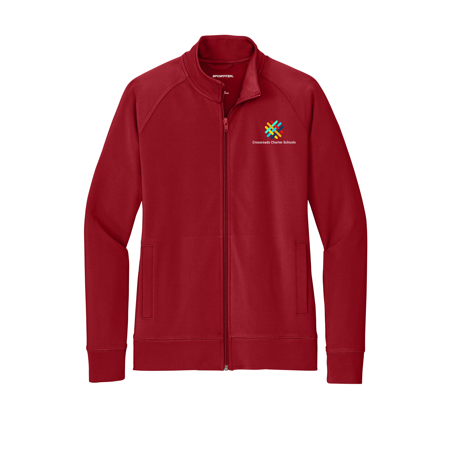 crossroadsschoolskc-sport-tek-womens-cadet-jacket-embroidery-leftchest-LST857-deepred-flat-front