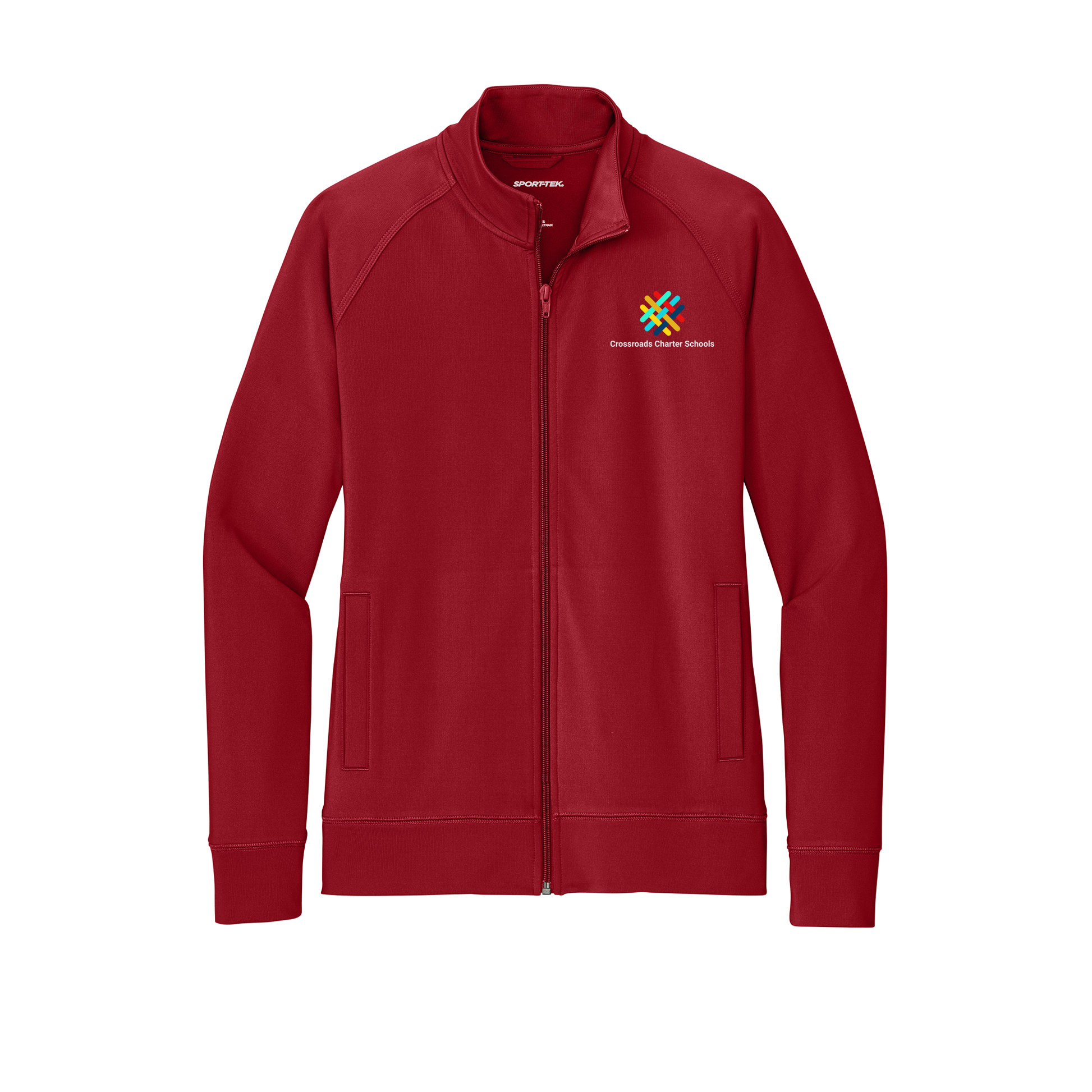 crossroadsschoolskc-sport-tek-womens-cadet-jacket-embroidery-leftchest-LST857-deepred-flat-front