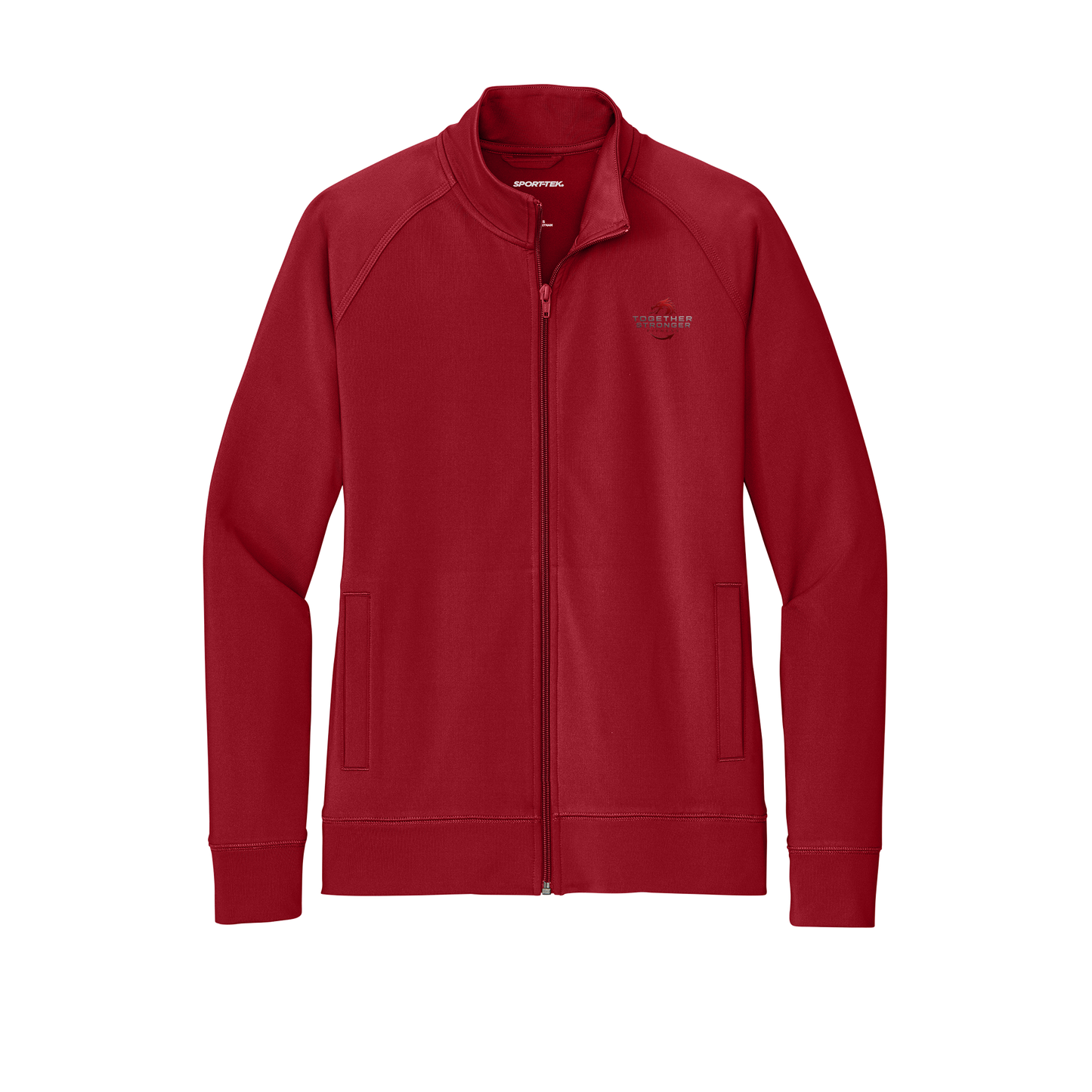 togetherstrongerfitness-sport-tek-womens-cadet-jacket-embroidery-leftchest-LST857-deepred-flat-front
