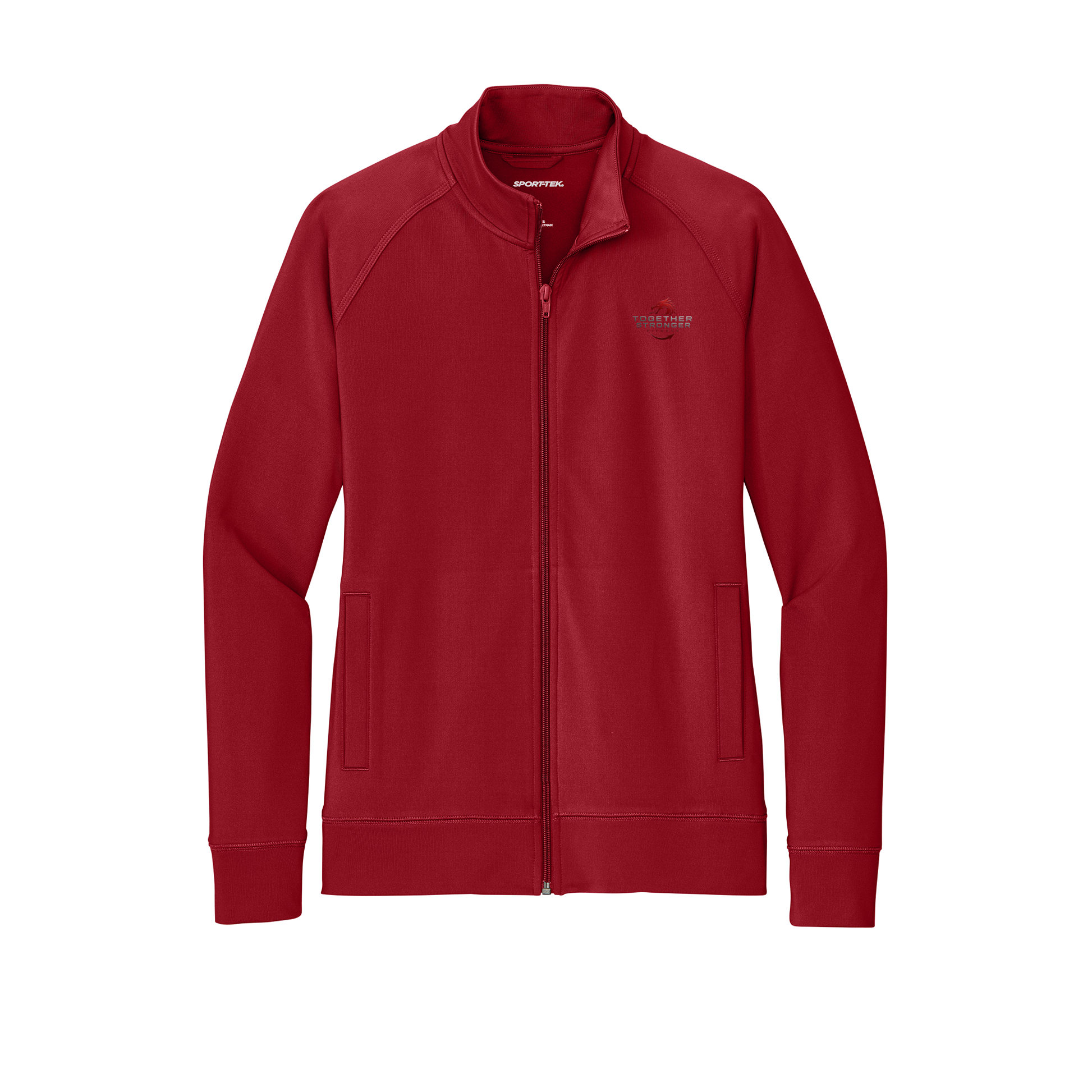 togetherstrongerfitness-sport-tek-womens-cadet-jacket-embroidery-leftchest-LST857-deepred-flat-front
