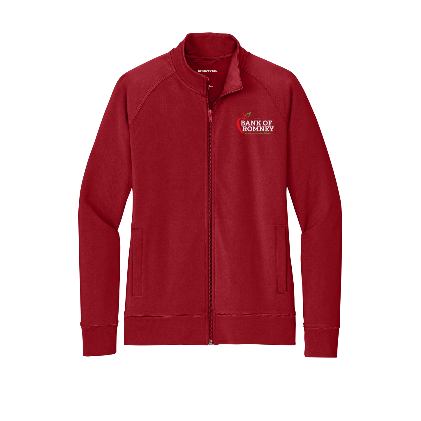 bankofromney-sport-tek-womens-cadet-jacket-embroidery-leftchest-LST857-deepred-flat-front