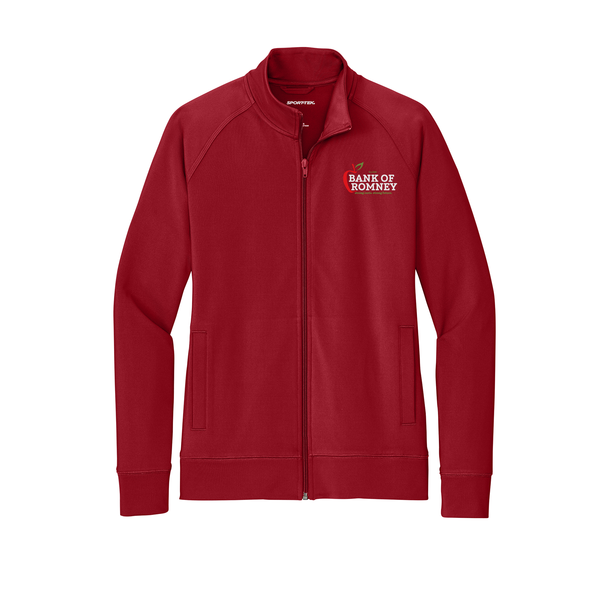 bankofromney-sport-tek-womens-cadet-jacket-embroidery-leftchest-LST857-deepred-flat-front