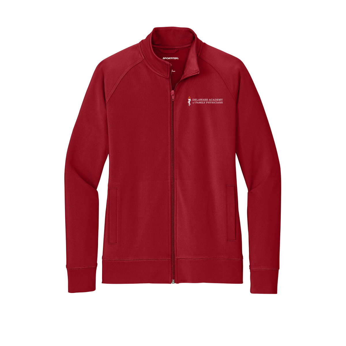 delfamdoc-sport-tek-womens-cadet-jacket-embroidery-leftchest-LST857-deepred-flat-front