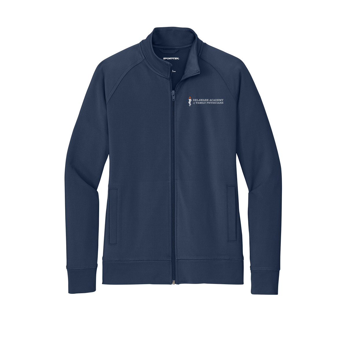 delfamdoc-sport-tek-womens-cadet-jacket-embroidery-leftchest-LST857-truenavy-flat-front