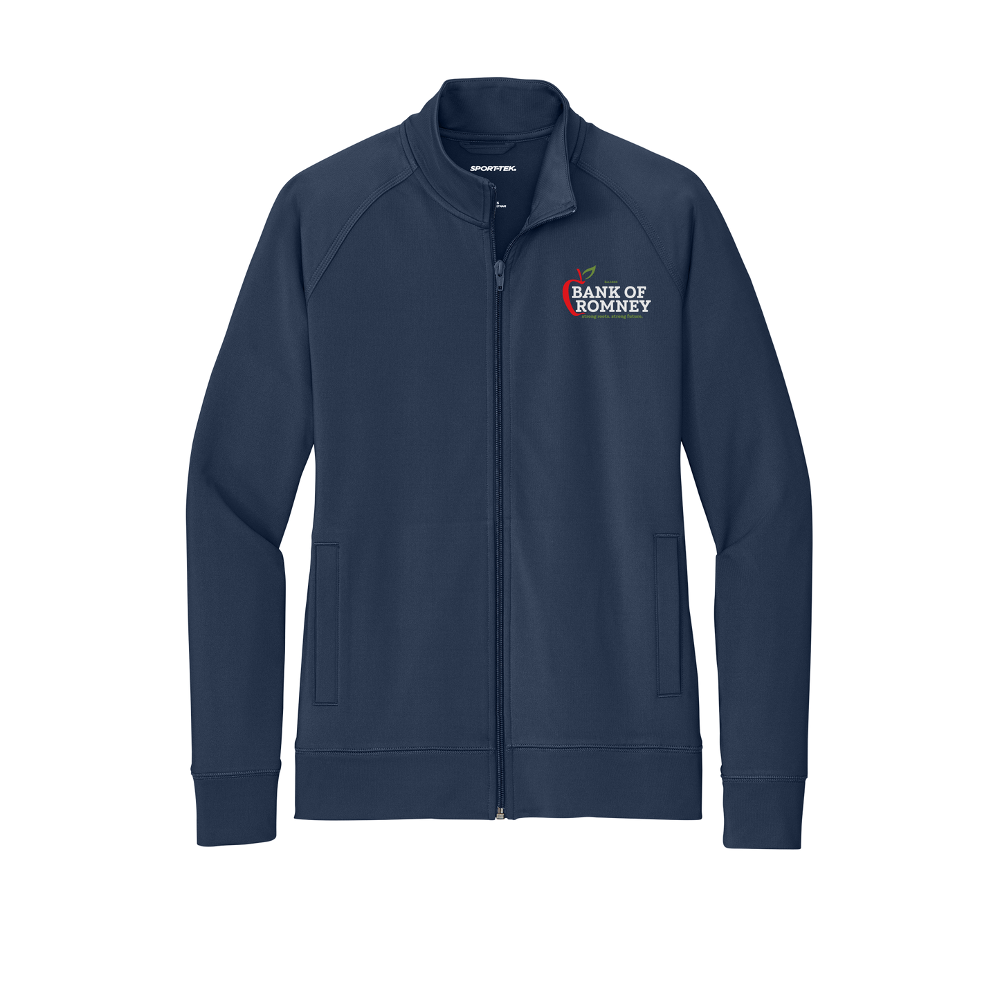 bankofromney-sport-tek-womens-cadet-jacket-embroidery-leftchest-LST857-truenavy-flat-front