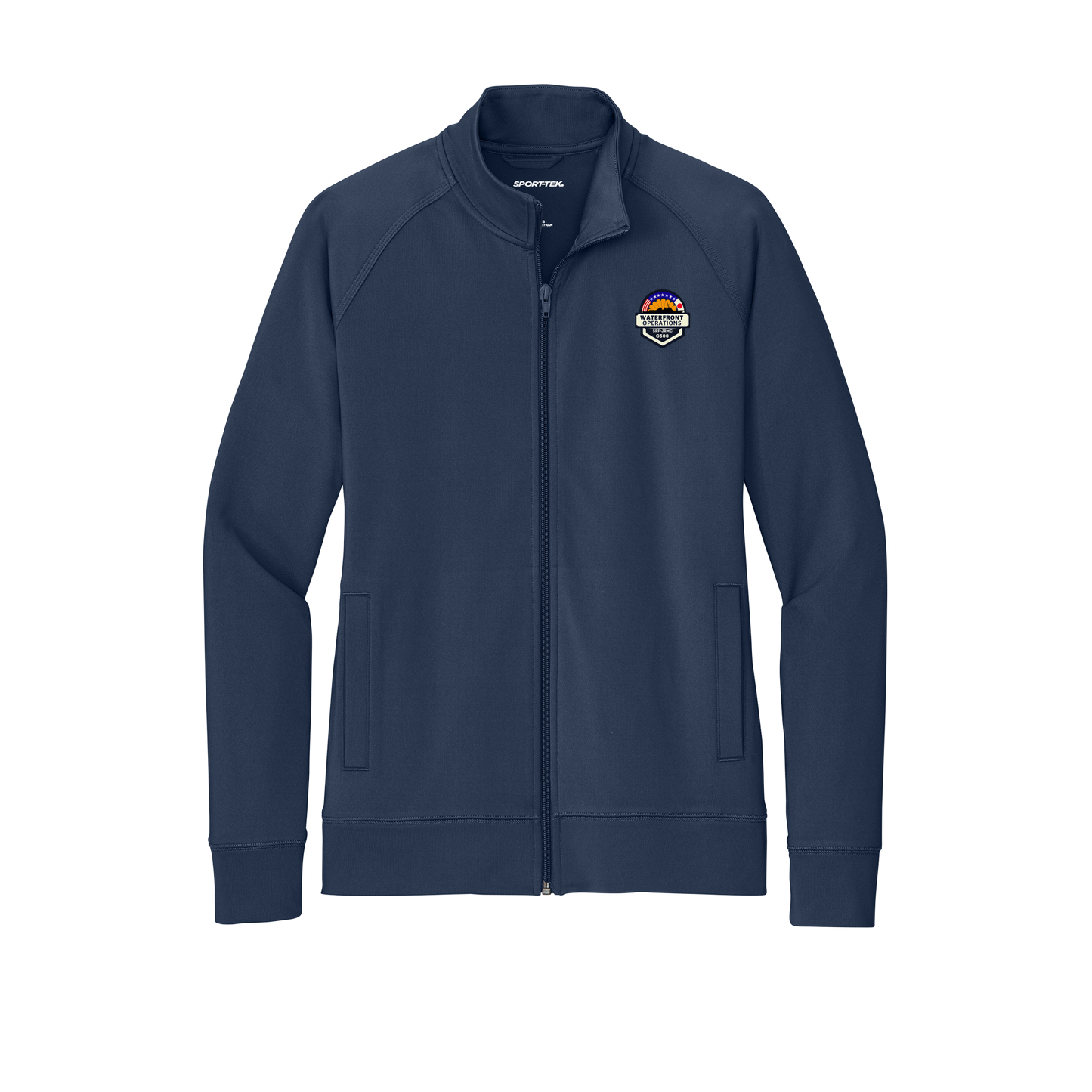 waterfront-operations-sport-tek-womens-cadet-jacket-embroidery-leftchest-LST857-truenavy-flat-front