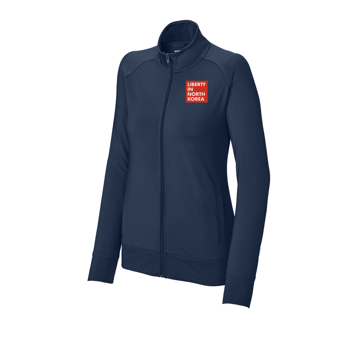 libertyinnorthkorea-sport-tek-womens-cadet-jacket-embroidery-leftchest-LST857-truenavy-flat-front