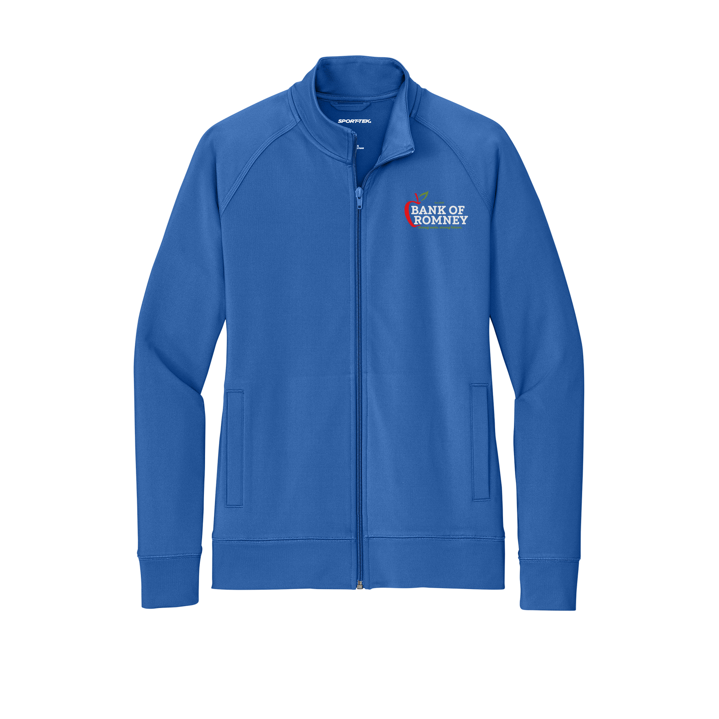 bankofromney-sport-tek-womens-cadet-jacket-embroidery-leftchest-LST857-trueroyal-flat-front