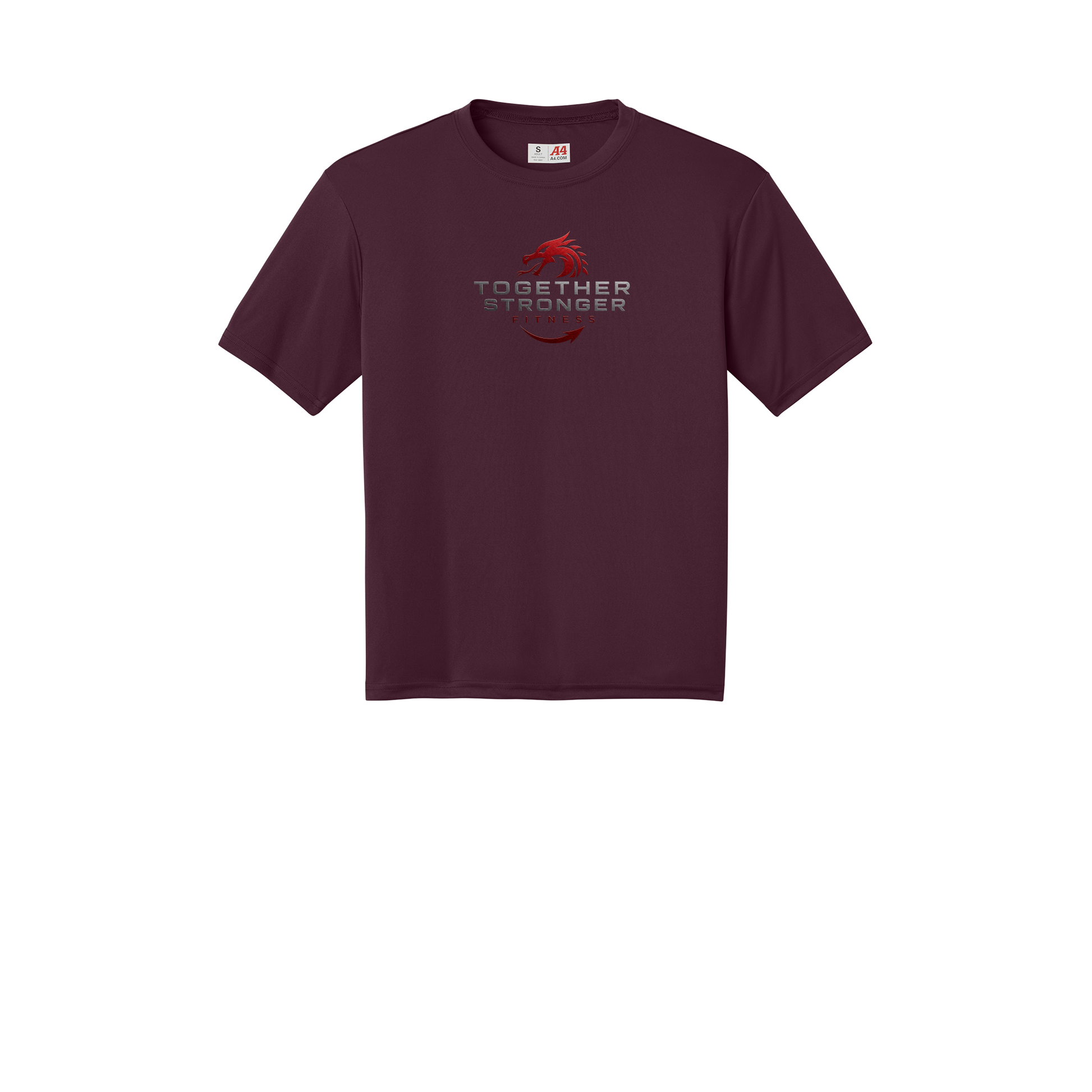 togetherstrongerfitness-a4-cooling-performance-tee-dtf-front-N3142-maroon-flat-front