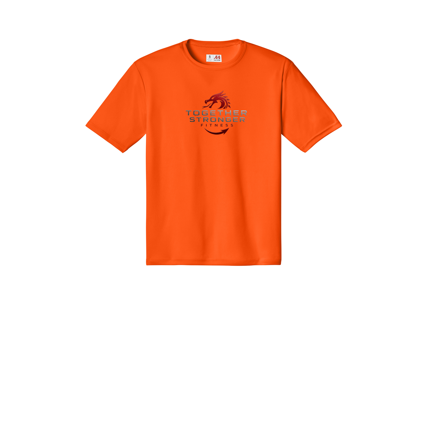togetherstrongerfitness-a4-cooling-performance-tee-dtf-front-N3142-safetyorange-flat-front