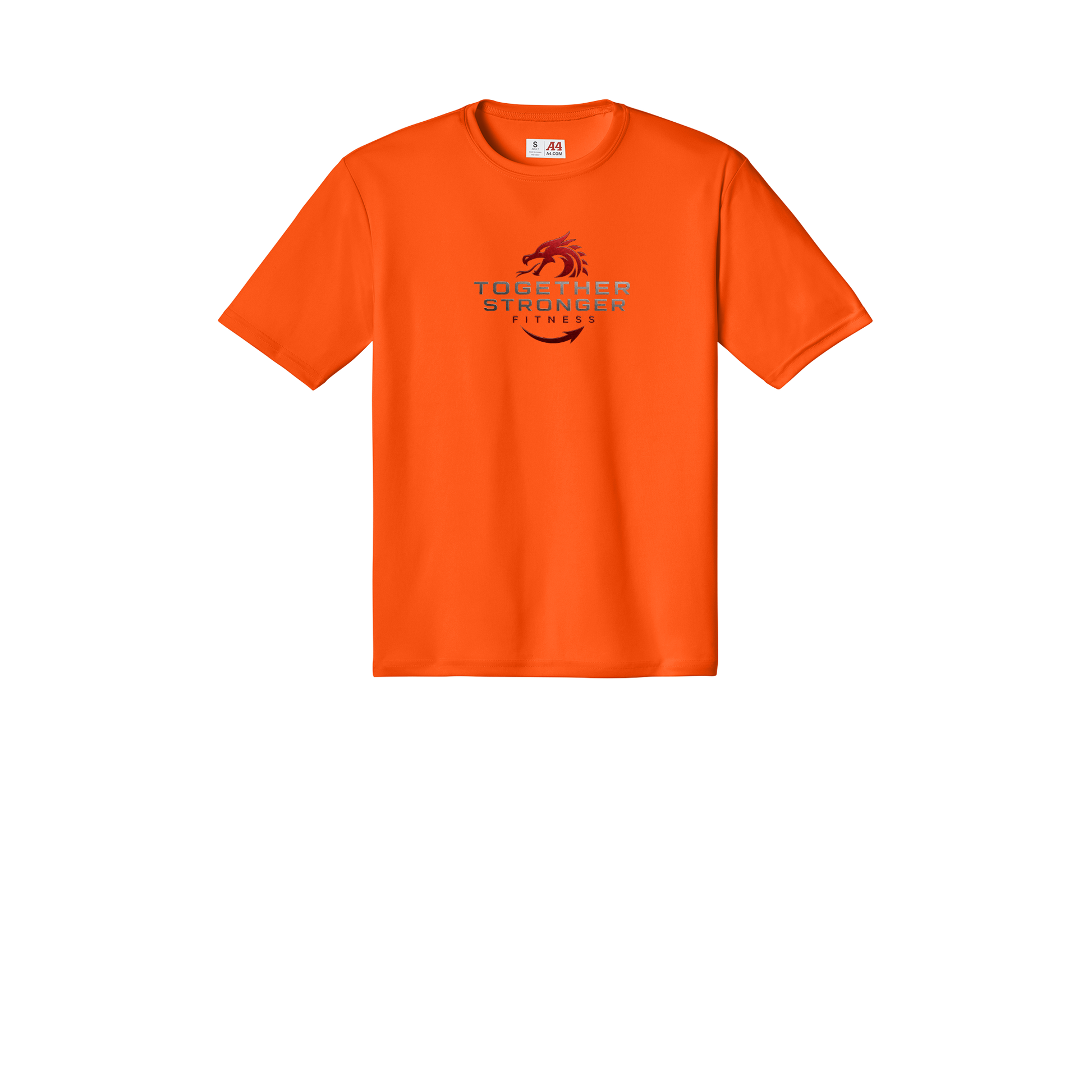 togetherstrongerfitness-a4-cooling-performance-tee-dtf-front-N3142-safetyorange-flat-front