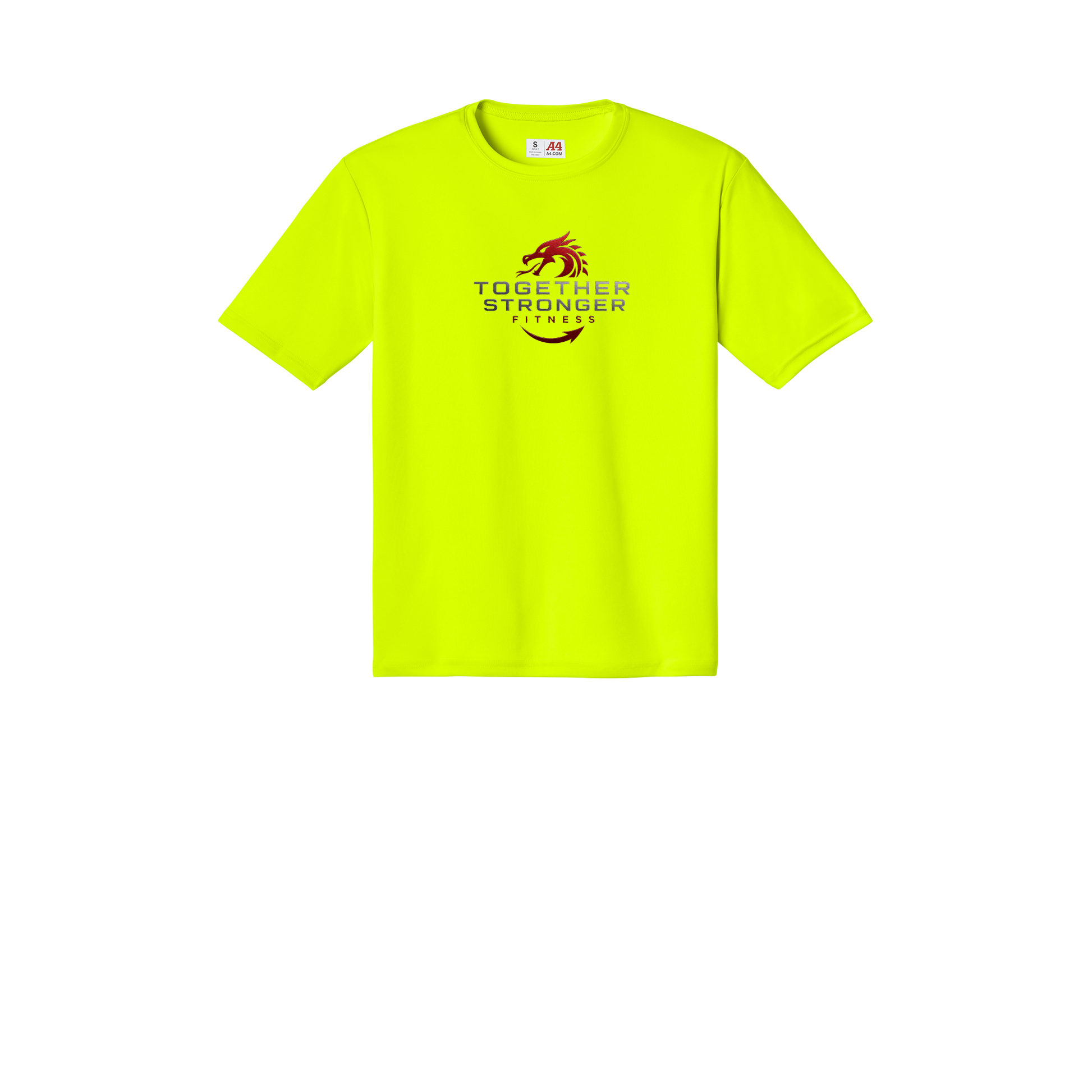 togetherstrongerfitness-a4-cooling-performance-tee-dtf-front-N3142-safetyyellow-flat-front