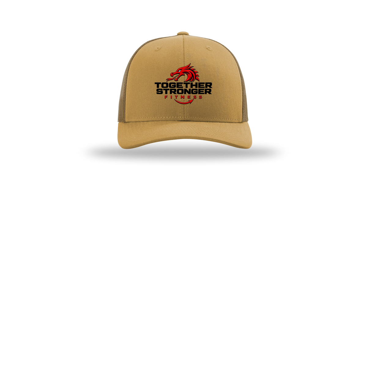 togetherstrongerfitness-richardson-trucker-cap-embroidery-capfront-R112-ambergold-flat-front
