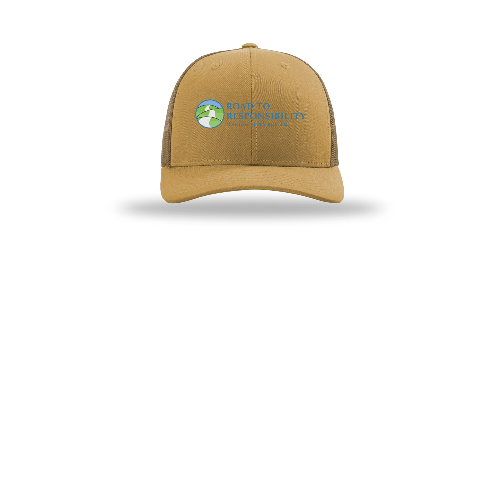roadtoresponsibility-richardson-trucker-cap-embroidery-capfront-R112-ambergold-flat-front