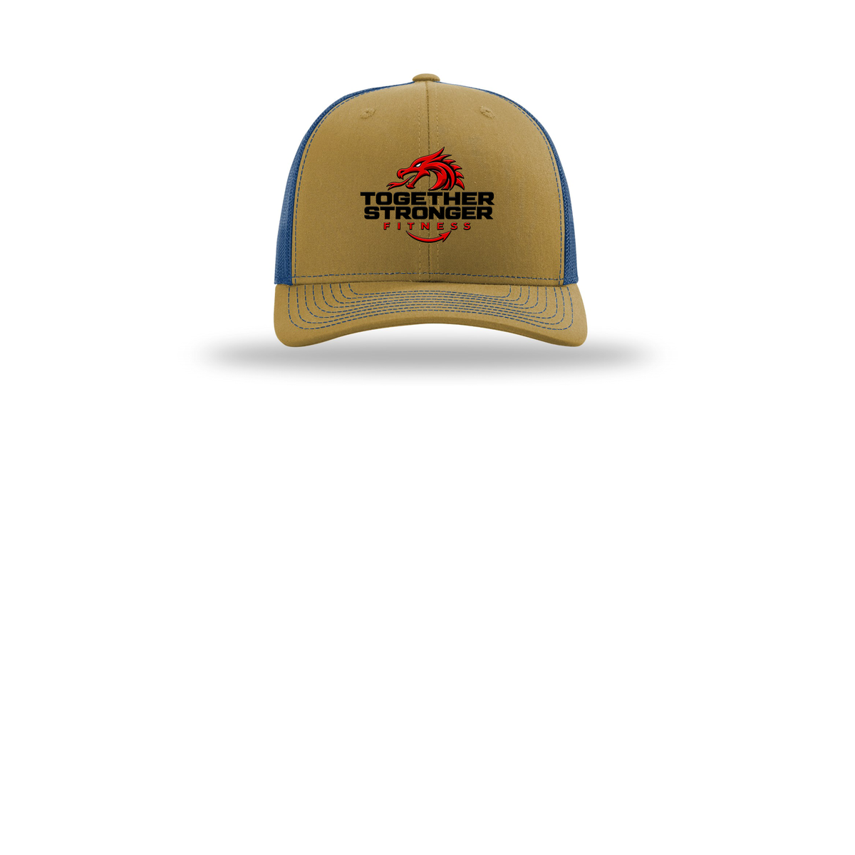 togetherstrongerfitness-richardson-trucker-cap-embroidery-capfront-R112-biscuittrueblue-flat-front