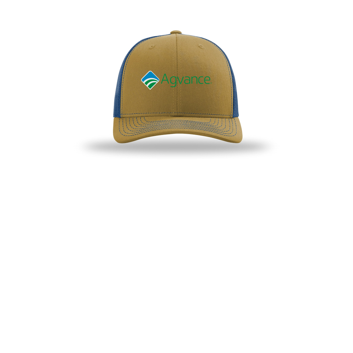 agvance-richardson-trucker-cap-embroidery-capfront-R112-biscuittrueblue-flat-front