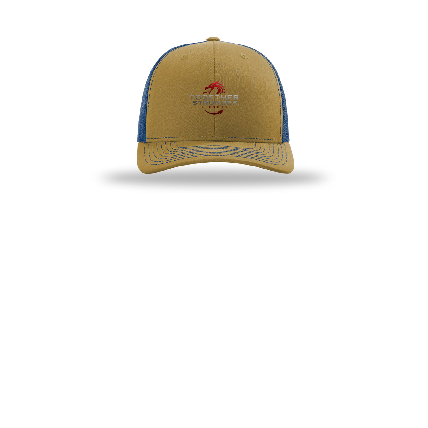 togetherstrongerfitness-richardson-trucker-cap-embroidery-capfront-R112-biscuittrueblue-flat-front