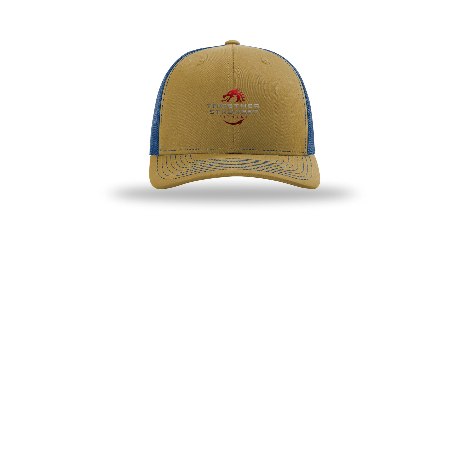 togetherstrongerfitness-richardson-trucker-cap-embroidery-capfront-R112-biscuittrueblue-flat-front