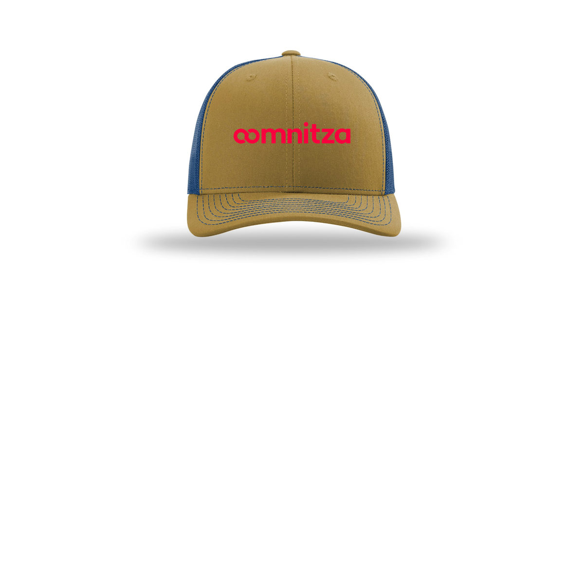 oomnitza-richardson-trucker-cap-embroidery-capfront-R112-biscuittrueblue-flat-front