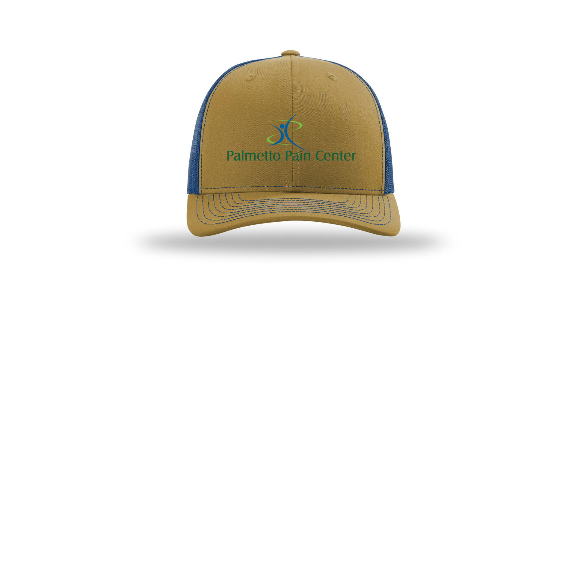 palmetto-pain-center-richardson-trucker-cap-embroidery-capfront-R112-biscuittrueblue-flat-front