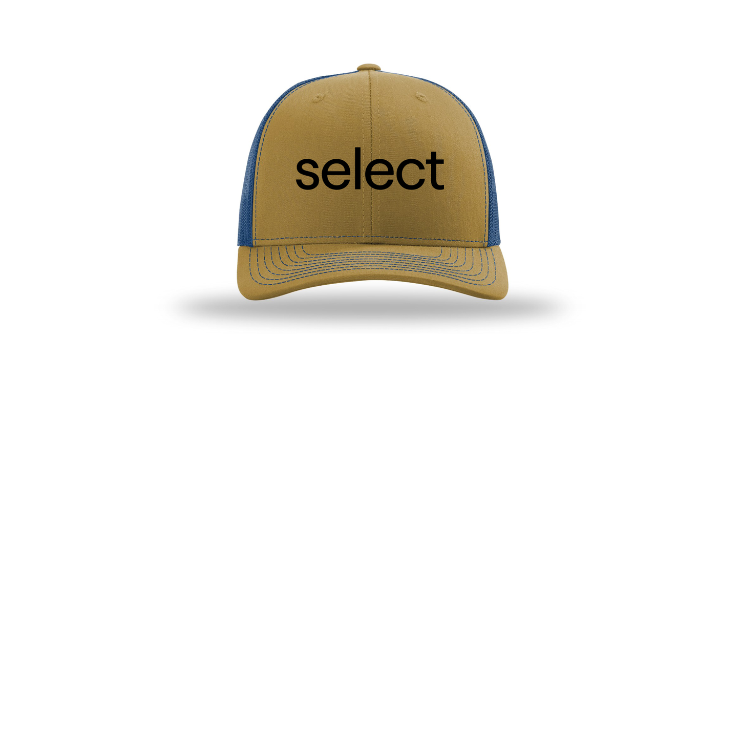 meetselect-richardson-trucker-cap-embroidery-capfront-R112-biscuittrueblue-flat-front