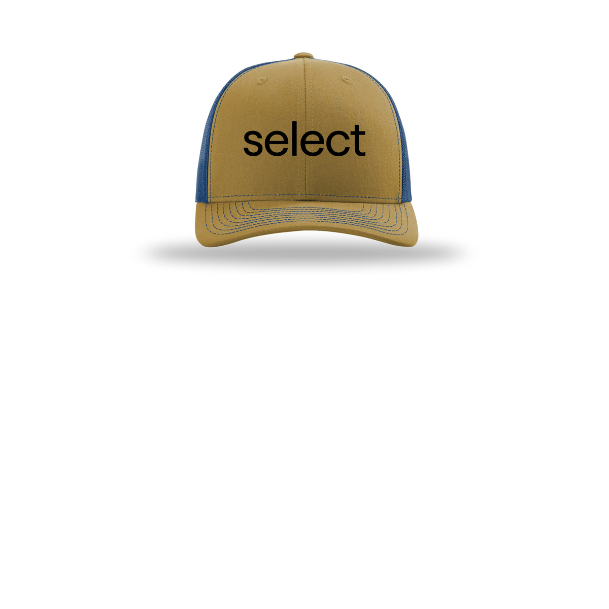 meetselect-richardson-trucker-cap-embroidery-capfront-R112-biscuittrueblue-flat-front