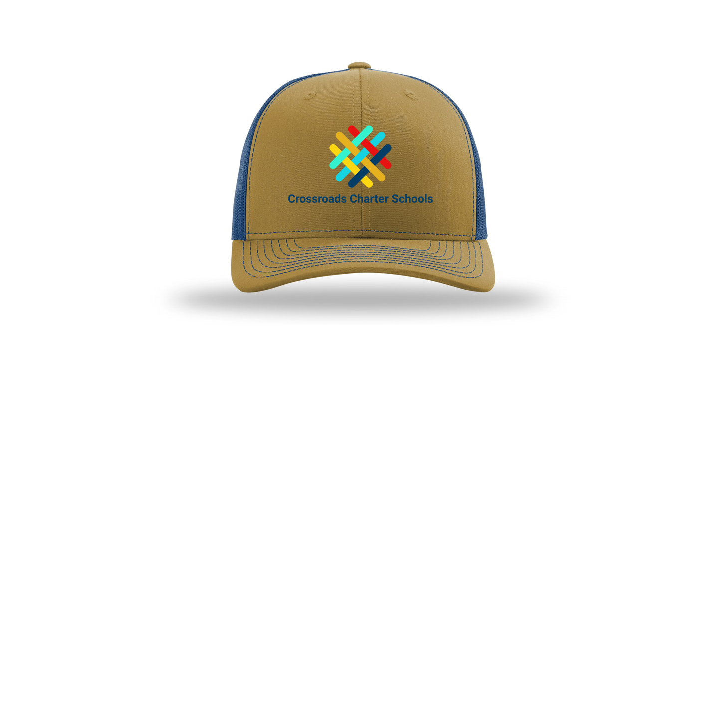 crossroadsschoolskc-richardson-trucker-cap-embroidery-capfront-R112-biscuittrueblue-flat-front
