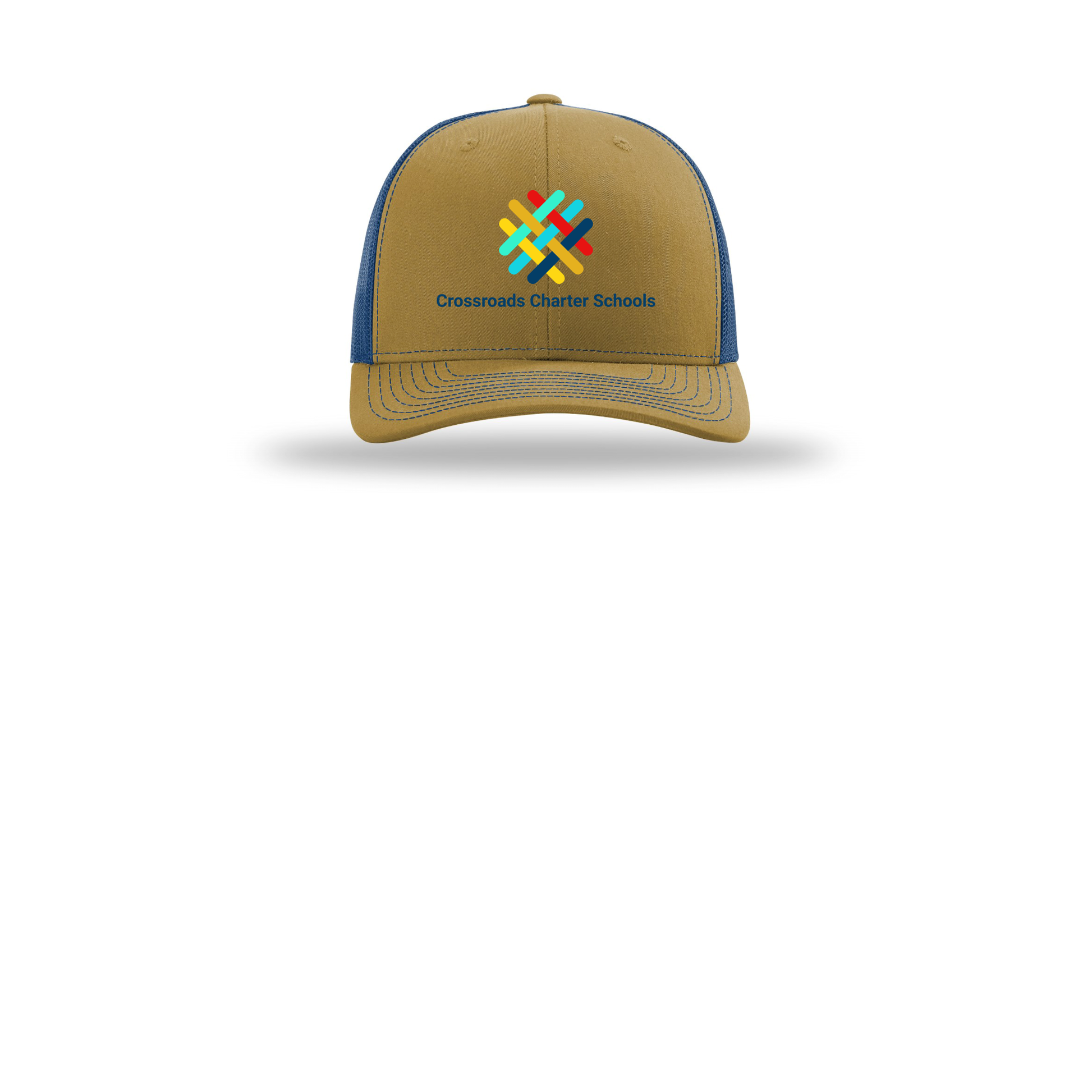 crossroadsschoolskc-richardson-trucker-cap-embroidery-capfront-R112-biscuittrueblue-flat-front
