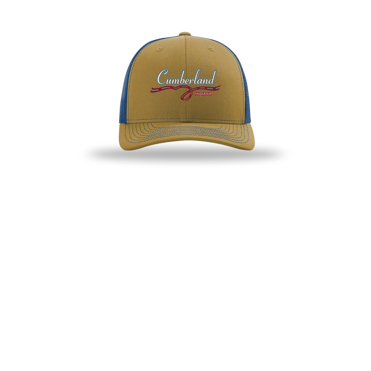 cumberland-richardson-trucker-cap-embroidery-capfront-R112-biscuittrueblue-flat-front
