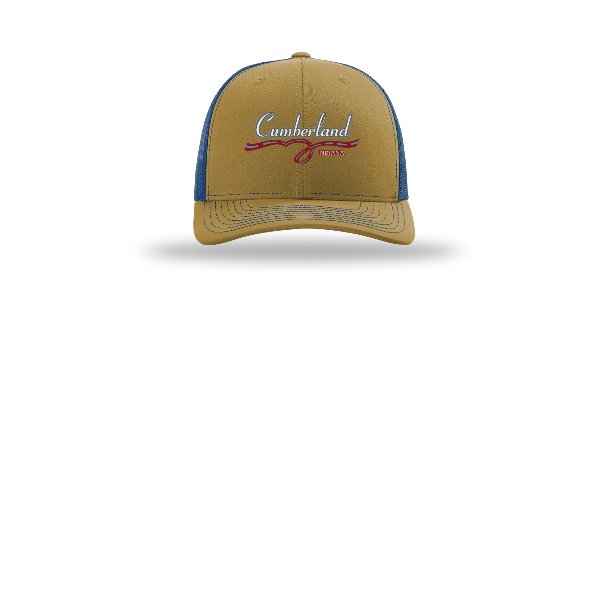 cumberland-richardson-trucker-cap-embroidery-capfront-R112-biscuittrueblue-flat-front