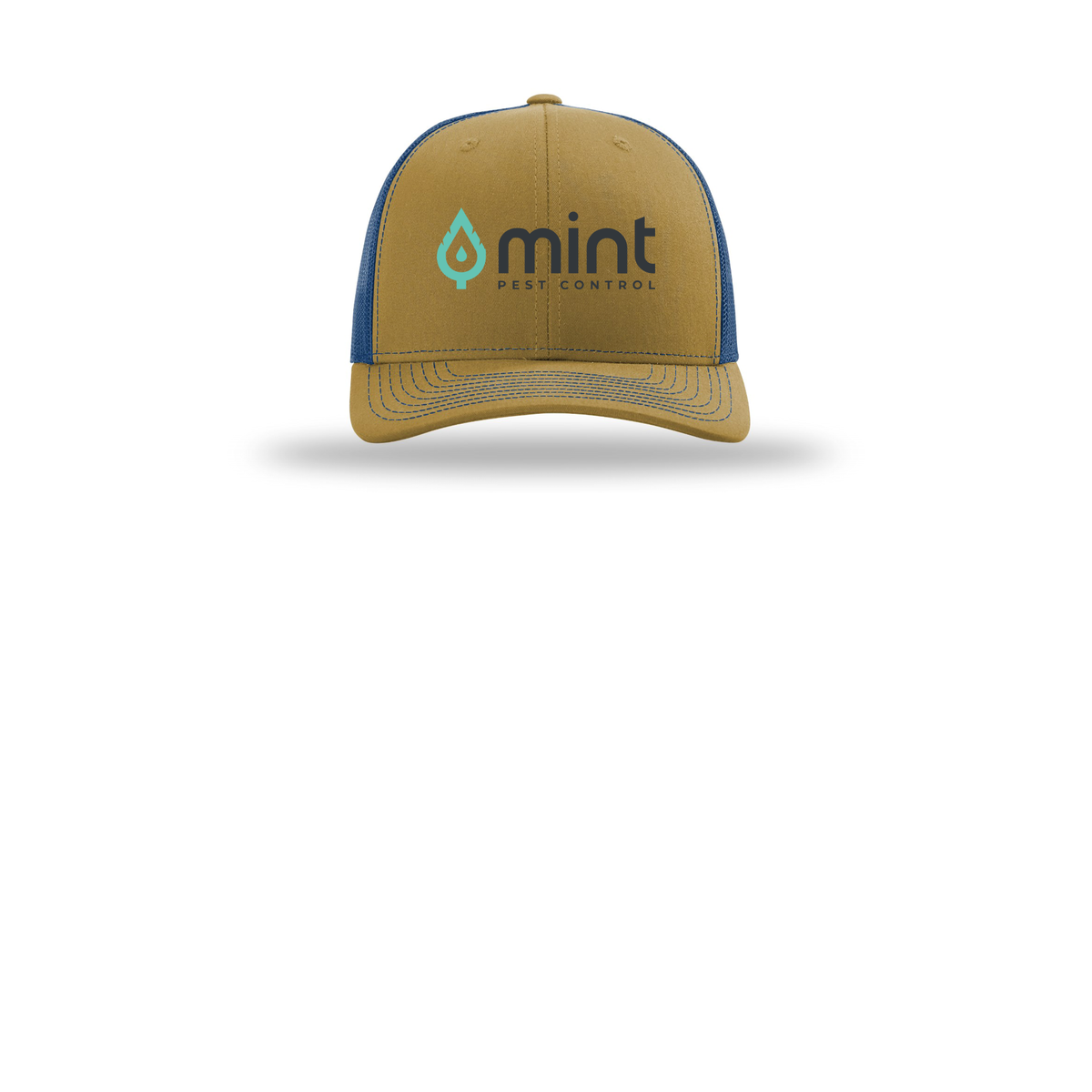 mintpest-richardson-trucker-cap-embroidery-capfront-R112-biscuittrueblue-flat-front