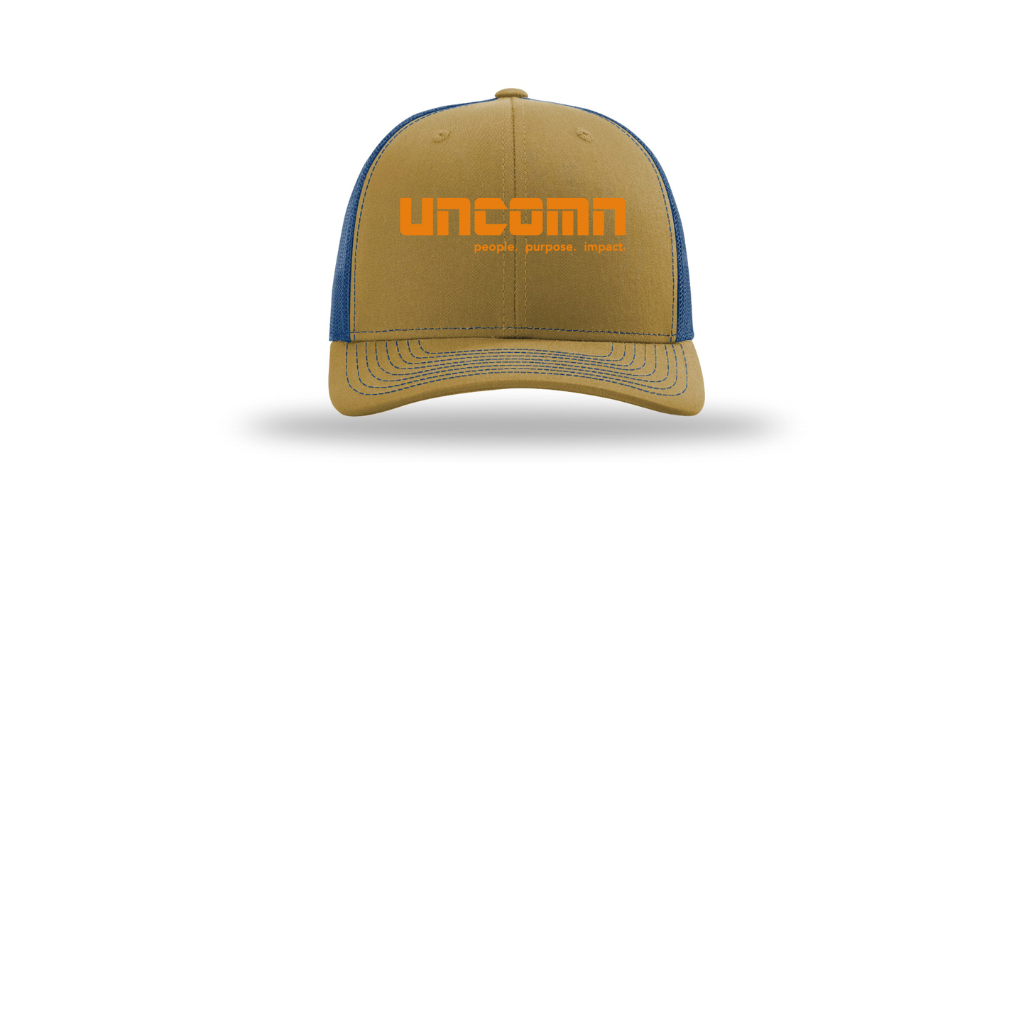uncomn-richardson-trucker-cap-embroidery-capfront-R112-biscuittrueblue-flat-front