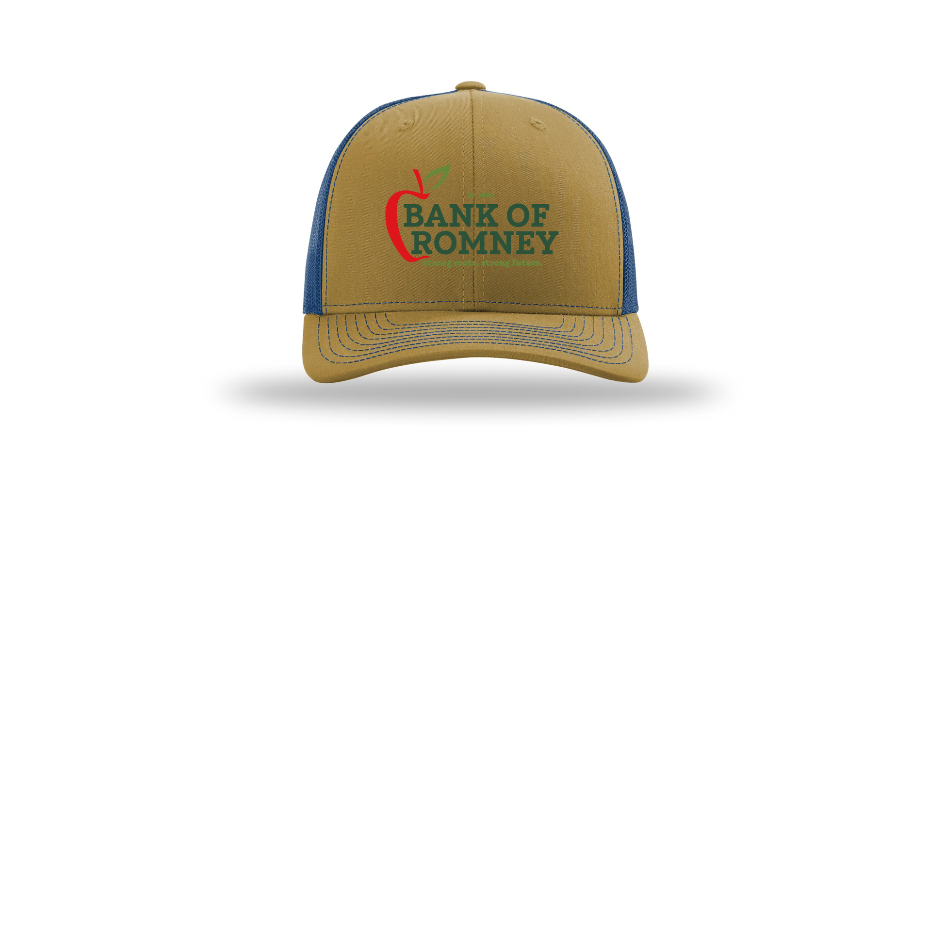 bankofromney-richardson-trucker-cap-embroidery-capfront-R112-biscuittrueblue-flat-front