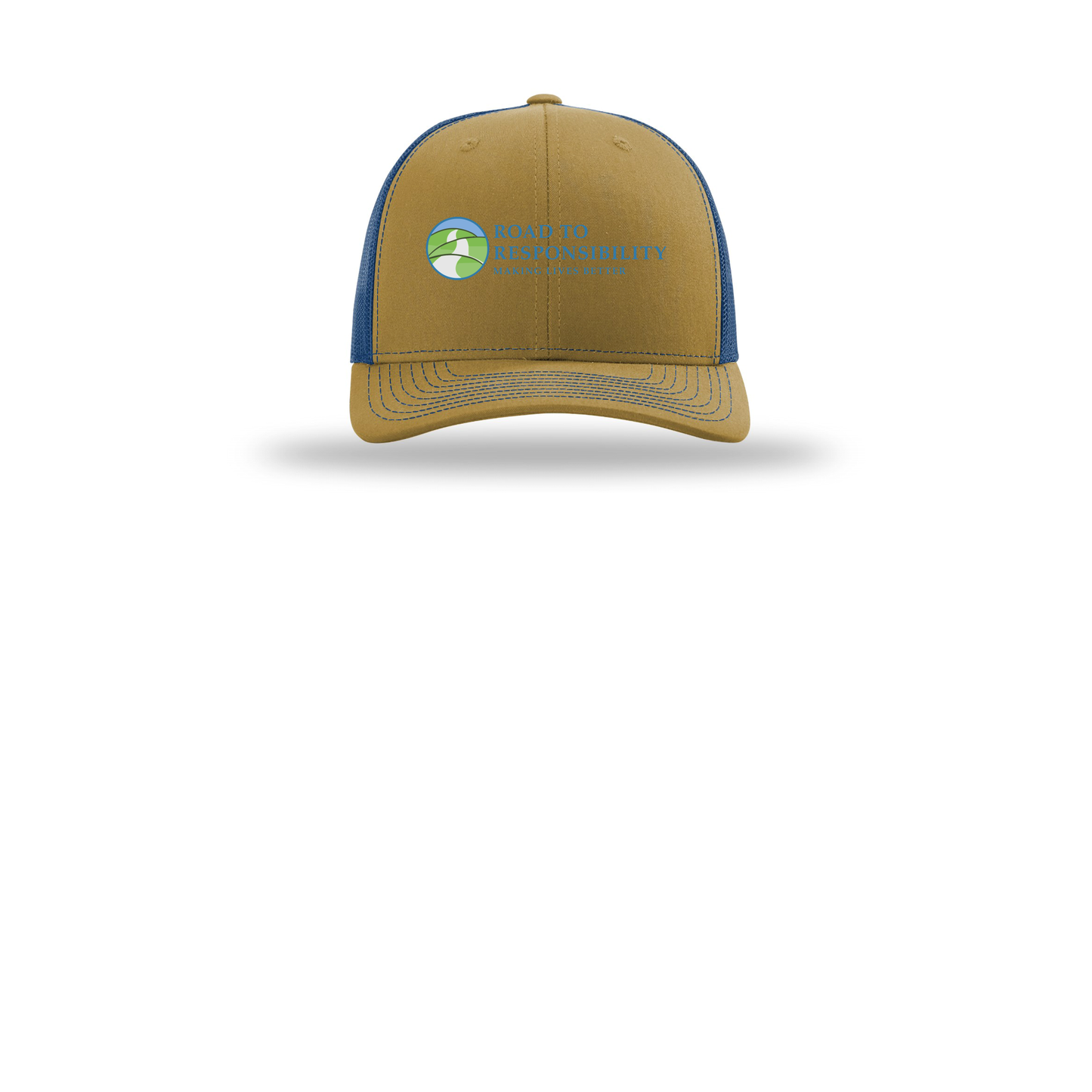 roadtoresponsibility-richardson-trucker-cap-embroidery-capfront-R112-biscuittrueblue-flat-front